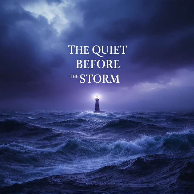 A turbulent dark ocean under a stormy sky fills the bottom half of the cover, with waves crashing violently. Above the ocean, clouds twist into eerie shapes, casting an ominous shadow. A single lighthouse stands in the distance, its beam cutting through the darkness, providing a glimmer of hope amid the chaos. The dark purple and blue hues blend to create an intense, unsettling atmosphere.