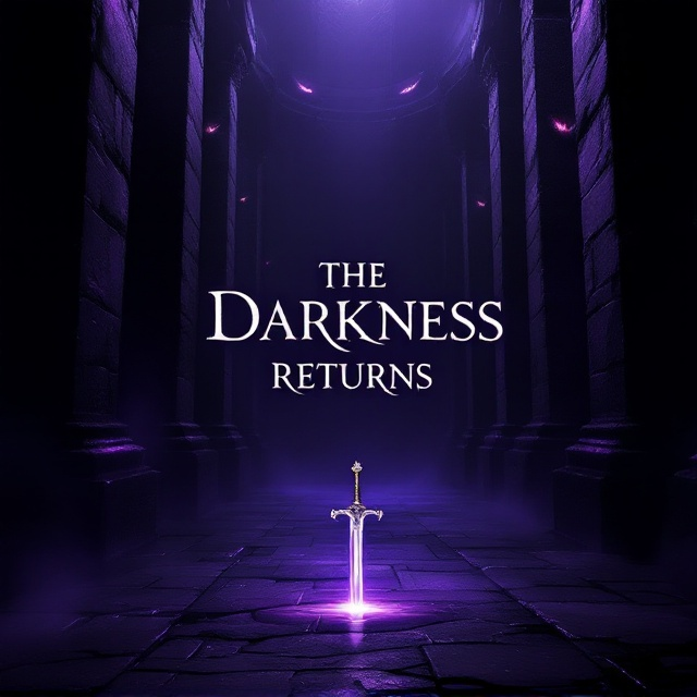 A dimly lit, enigmatic room is the focal point of the cover. Towering pillars rise from shadowy depths, subtly fading into the darkness above. Between the pillars, faint, glowing eyes emerge, adding an air of mystery and tension. On the stone floor, a gleaming silver sword lies, catching the faint light and drawing attention. The color palette is dominated by deep blacks and rich purples, enhancing the mood of darkness and intrigue.