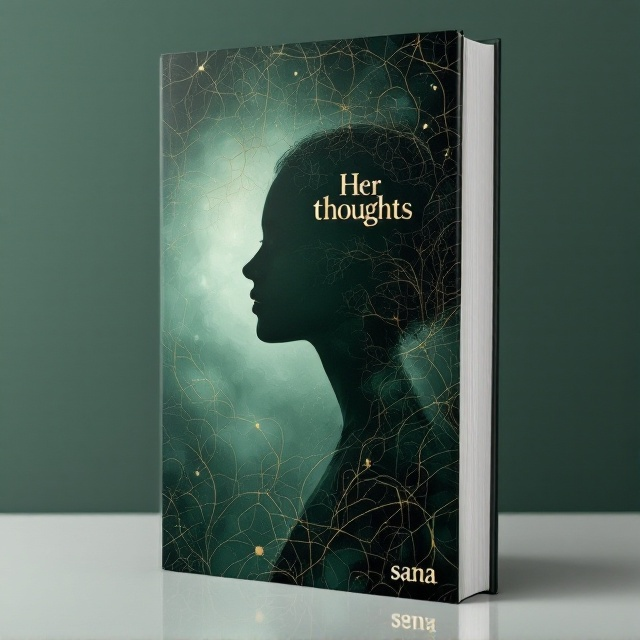A swirling pattern representing thoughts surrounds a silhouette of a human head, partially obscured by a misty, dreamlike effect. The background fades from dark green at the edges to a lighter green towards the center where the silhouette is placed. Gold accents in the form of abstract lines, similar to neural pathways or vines, shimmer across the cover, adding an ethereal touch.