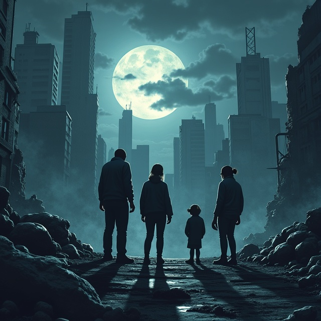 standing book mockup, Its title is "survivals end". Its author name is Addilynn blades.  A dark, ominous cityscape looms in the background, its buildings crumbling and shrouded in shadows. In the foreground, four figures stand out three adults and a small child, huddled together in a defensive stance. Dark, menacing clouds gather above, with faint silhouettes of zombies lurking in the shadows. The city is bathed in a cold, eerie moonlight, enhancing the feeling of despair and urgency. Bold, distressed, sans-serif font for the title "Survivals End" reflecting the gritty, edgy nature of the content. A serif font for the author’s name, 'Addilynn Blades,' adding a touch of elegance., The title is situated at the top, overlaying the night sky, with the author’s name at the bottom, subtly integrated within the debris of the city. The characters are centrally positioned, emphasizing their role in the narrative amidst the chaos.