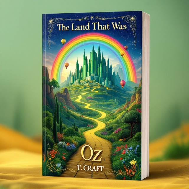 The cover features a whimsical fantasy landscape combining the iconic landmarks the shimmering Emerald City in the background, connected by a vibrant rainbow road arching across the sky. In the foreground, the classic yellow brick road winds its way towards the city, with a hot air balloon gently floating above. A hint of the deadly desert borders the scene, adding an edge of mystery and fear with swirling sand dunes. The sky transitions from a bright morning on one side to a magical twilight above the city, filled with twinkling stars.