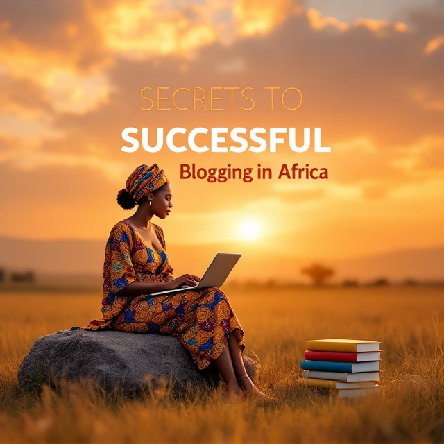 An African woman dressed in vibrant traditional African attire is seated gracefully on a large stone in the middle of a vast grassland. She is intently focused on her laptop, subtly illuminated by the warm, golden hues of a sunset. Beside her is a neat stack of colorful books. The background captures a warm sunset sky, with rich orange and pink tones merging as the day ends. The overall atmosphere is serene yet purposeful.