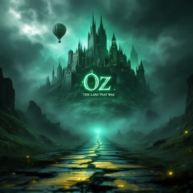 A foreboding, misty night scene featuring the Emerald City shrouded in soft, green light. The skyline of the city is jagged and glowing ominously, creating an ethereal sense of wonder. In the foreground, there’s a tattered hot air balloon drifting toward the city through dense, swirling clouds. The clouds themselves take on ghostly shapes, hinting at hidden dangers. Below, a darkened, fragmented yellow brick road stretches toward the city, leading the viewer’s eye. The palette consists of deep greens, blacks, and silvery grays, with subtle golden accents creating contrast.