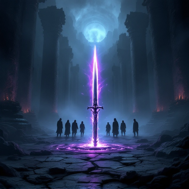 A dark and ominous scene dominates the cover. A crumbling, ancient battlefield is revealed in the background, shrouded in thick fog. In the forefront, a glowing, mystical sword lies stabbed into the cracked ground at the base of dark monolithic pillars. The sword emanates faint tendrils of purple and black light curling up into the mists of the fog. Silhouetted against the darkness, five shadowy figures stand in formation, their gazes fixed on the boundless abyss ahead. Glow-like textures along the edges of the fog enhance the ethereal quality, while shadow gradients add depth to the pillars.