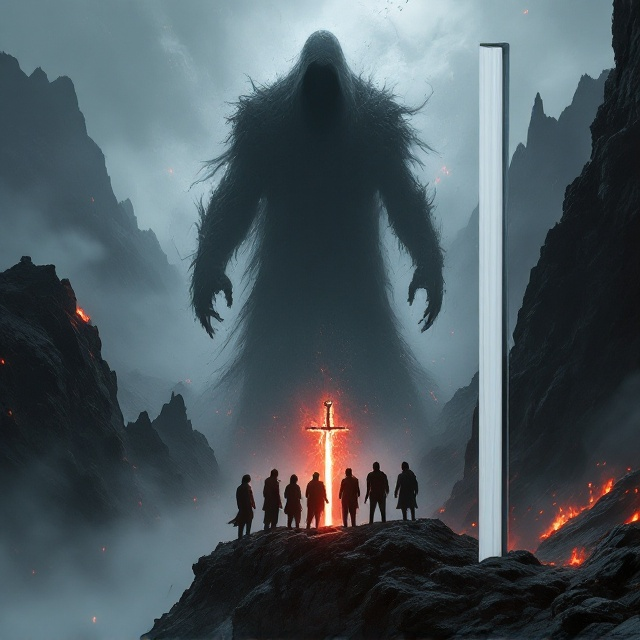 A towering shadowy figure looms in the distance, half-shrouded in thick, swirling fog. The figure is illuminated by the faint flicker of firelight coming from cracks within its body. Five silhouettes stand on the edge of a craggy mountain cliff in the foreground, staring at the ominous figure. A fiery red-orange glow emanates from a sword planted in the ground between them, casting haunting shadows. The background is dominated by jagged black mountains veiled in fog, with streaks of fire licking the edges of the scene.