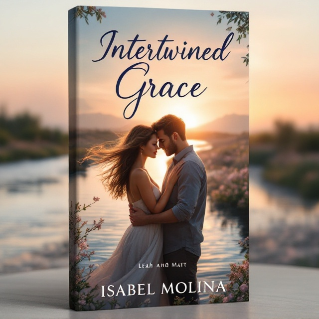 Leah and Matt are depicted standing close to each other at the center, subtly illuminated by the soft glow of the sunset. Leah has flowing, wind-swept hair with a serene expression, while Matt's posture exudes strength as his hand gently rests on her waist. Behind them, a winding river splits the foreground, lightly rippling with movement in silvery blues and darker undertones. The riverbanks on either side feature soft pastel flowers. The sky transitions from warm hues of orange and pink at the top to soft blue tones, creating a dreamy romantic atmosphere.