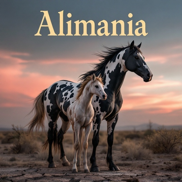 A bold and striking Appaloosa Mustang stands in the foreground, head raised and eyes steely, facing forward with a stance of defiance. The blue-grey horse is positioned on the Mustang’s right, slightly lower to show a supportive but less prominent role. On the Mustang’s left is the palomino, whose soft golden tones bring warmth to the scene. The black stallion’s silhouette dominates the far background, his form angular and aggressive, looming over dry, cracked land of muted browns and reds. The stolen spotted palomino mare is tethered close to him, looking weary, and the spotted grey filly with the broken lariat gazes with desperation toward the Mustang in the foreground. Overhead, a dusky sky transitions from soft pinks and creamy lavender hues near the horizon to deep blue at the top, subtly suggesting the oncoming night.