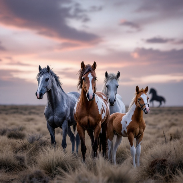 The cover depicts the chestnut blanket Appaloosa Mustang standing courageously in the center of a sparse, famine-stricken grassland. Her stance is strong, head slightly lowered as though ready to charge, emanating determination and defiance. To her left are the blue-grey horse with a slightly weathered yet comforting posture and the palomino horse leaning toward her protectively. On her right stands the bridled white horse with its head bowed in reluctance, next to the filly with its neck roped, exuding an air of helplessness. In the far distance, silhouetted against a twilight sky washed in lavender and soft pink hues, is the shadow of a rearing black stallion, his presence dominating yet ominous. The dusty greys, deep blues, and muted purples bleed into the forlorn grassland surroundings.