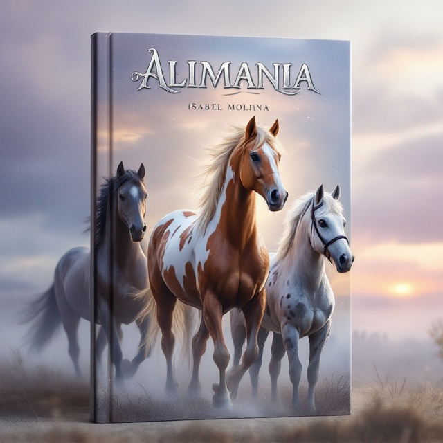 A bold chestnut blanket Appaloosa Mustang is centered at the forefront of the cover, exuding strength and determination. To her left stands a blue-grey horse, stoic and calm, and a shimmering golden horse glowing softly under twilight hues. Behind them, a herd of wild horses blends into a misty field, contrasting with a black stallion rearing dramatically in the distance. To the Mustang's right, a white mare with a halter tenderly looks after her spotted grey filly, creating a sense of familial protection. The background transitions from soft lavender and dusty grey tones in the sky to deep blues and pale pinks, suggesting the break of dawn. Ethereal streaks of light subtly frame the Mustang, emphasizing her bravery and prominence.