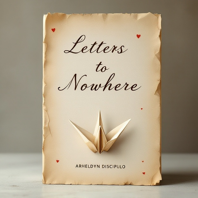 The cover features a minimalist yet emotionally evocative design a textured paper background resembling an old, faded letter, complete with faint handwriting and ink smudges. A folded paper crane, symbolizing fragility and nostalgia, is centered at the bottom. Warm, muted tones of beige, cream, and soft sepia dominate the palette, while subtle watercolor-style hearts float faintly in the periphery.