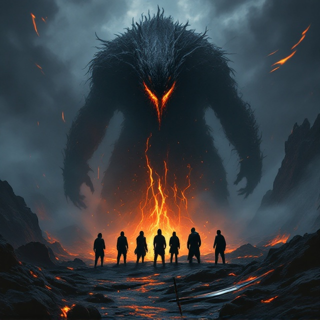 A dramatic scene with a dark volcanic lake dominating the foreground. A large, shadowy creature with glowing lava veins emerges menacingly from the lake, its molten eyes casting an eerie glow. Five silhouetted figures stand on a rocky edge, their stances showcasing fear and resolve. A katana lies abandoned on the ground in the foreground, its blade reflecting the fiery hues of the lake. The sky is shrouded in dark, ominous clouds with faint streaks of glowing orange, lending a sense of dread and power to the scene.