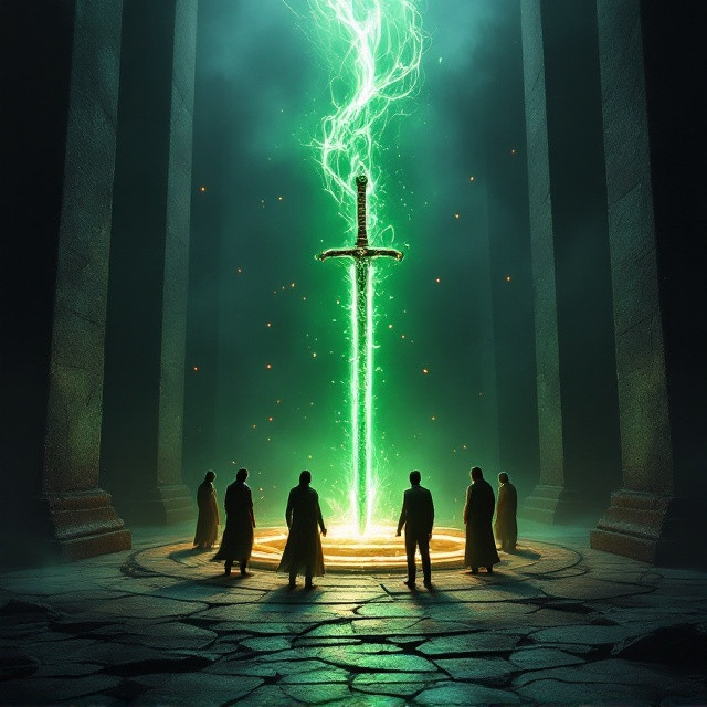 A dimly lit room with towering, ancient stone pillars on both sides disappearing into darkness. The atmosphere feels suffocating and foreboding. Five characters stand in a circle on a cracked stone floor, surrounded by shadowy, menacing figures with glowing red eyes. In the center of the circle is a katana plunged into the ground, radiating an ethereal green light with magical runes swirling around it. Wisps of green energy and fire float in the air, casting faint emerald and amber glows on the scene. The background is layered in smoke and darkness, hinting at unfathomable depths.