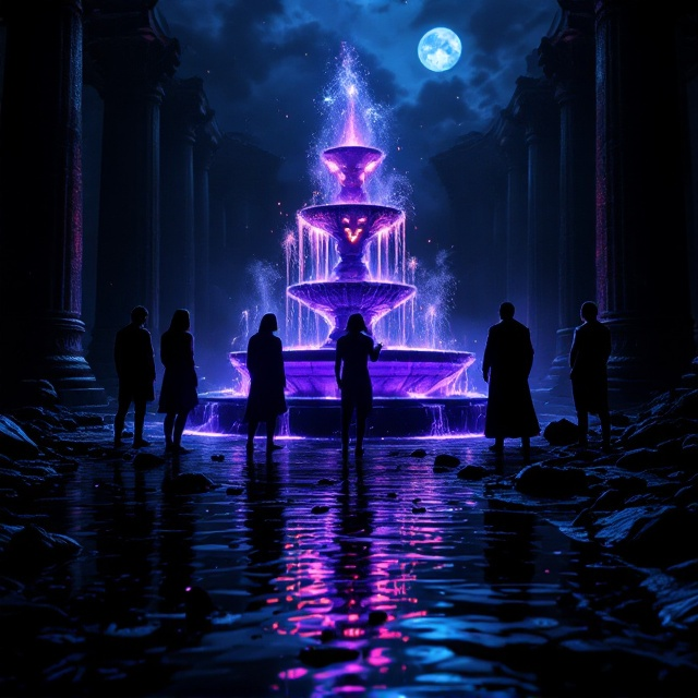 Five silhouetted figures stand around a central fountain pouring glowing purple water. The scene is shrouded in shadow, with scattered debris and two hidden, ethereal masks softly glowing with intertwined purple and orange light. Looming pillars surround the scene, their ancient features subtly illuminated by the light from the water and masks. Dark clouds hover above, hinting at an ominous atmosphere while the reflection of faint moonlight glimpses on the water's rippled surface.