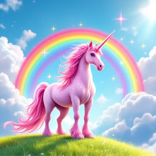 A vibrant and whimsical scene featuring a majestic, sparkling pink unicorn standing proudly on a lush, rolling green hill. In the background, a brilliant rainbow arches across the sky, its colors beautifully blending into one another. Fluffy white clouds dot the sky, adding a dreamy, magical touch to the backdrop. The unicorn, with a flowing mane that glimmers in various shades of pink, is the focal point, embodying a sense of wonder and enchantment.