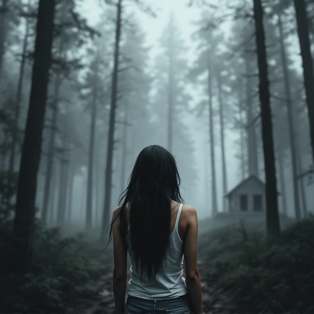 The cover features a dense forest with towering trees reaching upward, shrouded in a gray mist, creating an atmosphere of mystery and unease. In the distant background, a dilapidated cabin is barely visible through the trees and fog, adding to the sense of isolation. In the foreground, a girl stands with her back turned, her long black hair cascading down her back. She holds a cigarette loosely at her side, her posture conveying a sense of disconnect and introspection. Her white tank top contrasts against her dark clothing and the somber background.