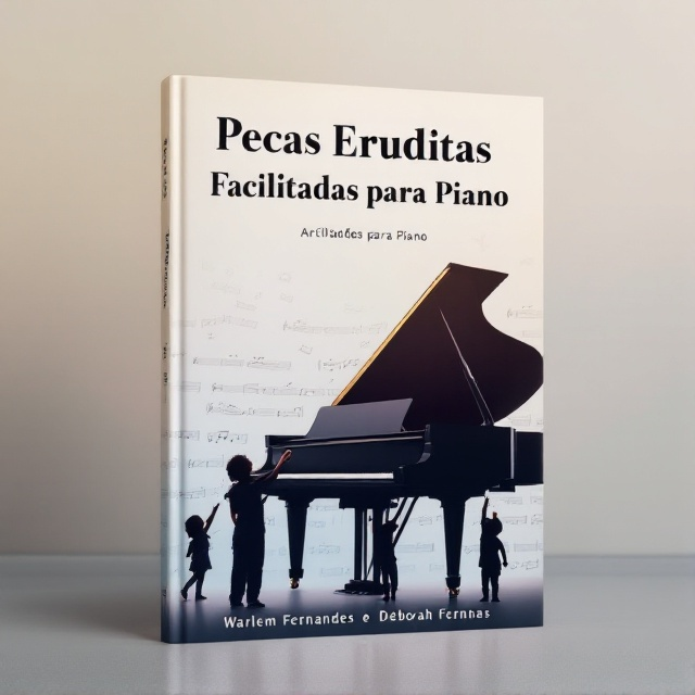 A clean, minimalist design featuring a large grand piano subtly blended with a background of sheet music pages. In the foreground, silhouettes of children reaching towards the keys create a sense of aspiration and wonder. The entire scene is set within soft, pastel-colored gradients that invoke feelings of calmness and creativity.