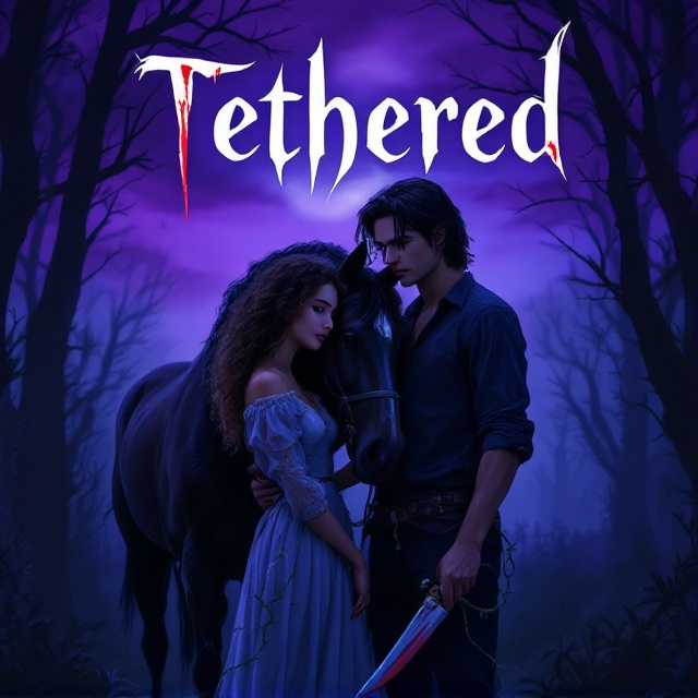 A dramatic nighttime scene unfolds under a deep twilight sky that transitions between purple, navy, and royal blue. The Latino girl stands slightly to the left, her sandy curly hair catching the faint moonlight glow. She holds a noble, strong-looking dark horse by the reins with one hand, while the other arm firmly clings to the boy standing next to her. The boy, slightly taller, has black hair falling on his forehead and holds a sleek, blood-stained knife in his right hand. The couple stands against a subtle forest backdrop, with faint vines coiling around their feet and "tethering" them, symbolizing their emotional connection.
