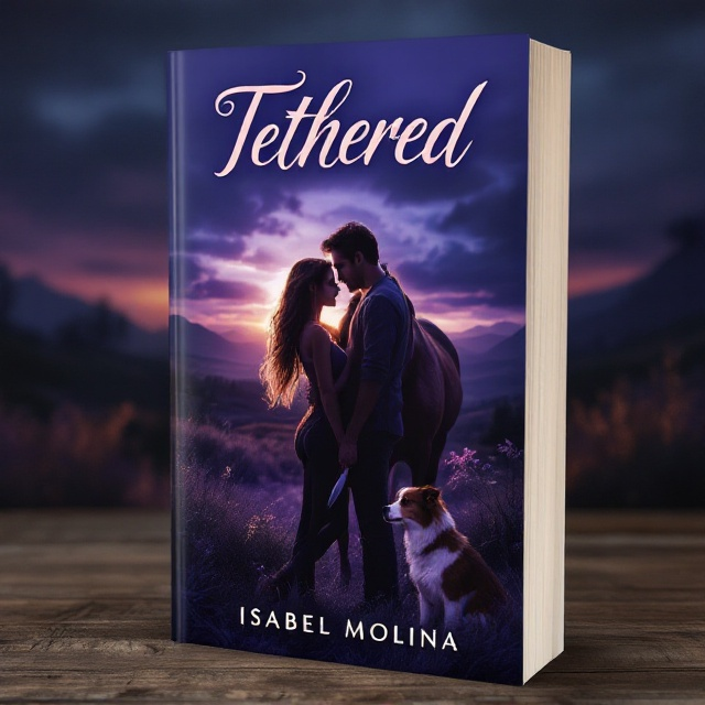 A romantic scene depicts a young couple in a warm embrace at the center of the cover. The girl holds the reins of a striking sorrel horse that stands proudly beside her, while the boy's loyal Border Collie-Australian Shepherd mix sits attentively at his feet. The boy's hand around the girl's shoulder is contrasted by the knife he holds discreetly away from both of them. The background suggests a captivating landscape at twilight, with hues of purple, navy, and royal blue blending to create a serene yet mysterious ambiance.