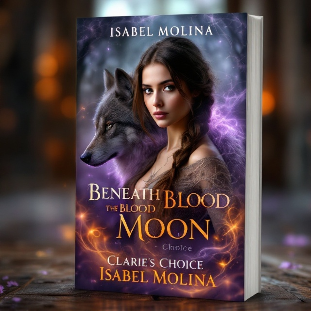 The cover features a central image of a young woman with human features and straight brown hair styled elegantly into a braid. Her tired green eyes reflect a sense of longing. Surrounding her is a mystical, translucent aura representing her werewolf side—a majestic grey wolf. To her left stands a young man with sandy hair, his arm protectively around her waist, and his own wolf side manifested as a glowing brown wolf outline. The setting is inside the Copper Tower, its rustic textures faintly visible. A hint of lavender purple and copper orange swirls in the background, giving a warm glow that envelops the two figures.