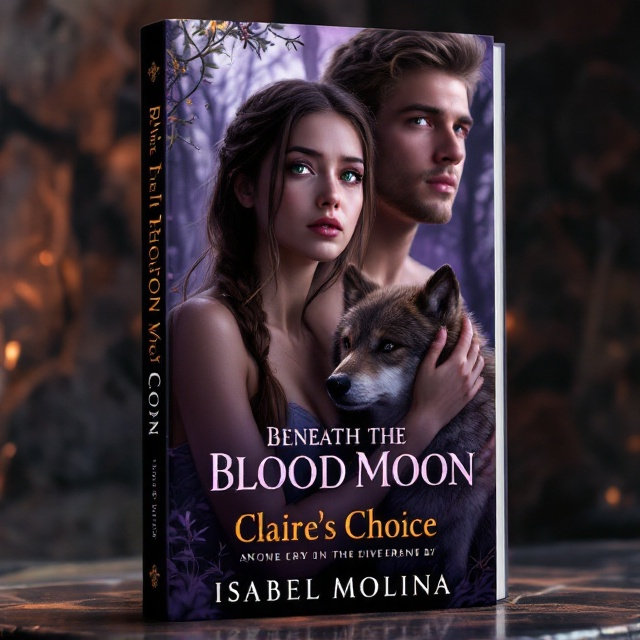 The cover features a mystical scene within the confines of the Copper Tower. The focal point is the female werewolf with straight brown hair in a braid, wearing an expression of both resilience and softness. Her tired green eyes gaze into the distance. By her side curls a grey wolf, loyal and protective. Standing next to her is the pack's Beta, a sandy-haired man, with his arm gently embracing her waist. The inside of the Copper Tower is dimly lit, with shadows and soft beams of light playing upon the lavender and copper hues that dominate the color scheme. The boy's brown wolf sits beside him, further emphasizing companionship and unity.