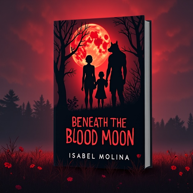 The cover features a dramatic scene under a dim, reddish sky with a prominent, ominous blood moon. The scene is set where a dark, dense forest meets an expansive meadow. The central figures are a young woman with a slight snarl, revealing a single canine tooth, while she holds her baby close to her heart. Her partner, a commanding and fierce-looking male werewolf, stands protectively around them with visible sharp claw extensions and patches of silver fur. The atmosphere is tense and mysterious, with a shadowy forest backdrop contrasted by an open meadow.