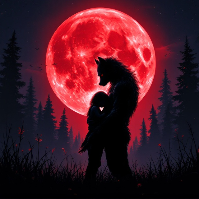 The book cover illustrates a haunting yet emotional moment. The background showcases the edge of a shadowy forest merging into a moonlit meadow. The red bloom moon dominates the night sky, its glow reflecting on the faces of the female werewolf, her partner, and the baby. The female werewolf is central, standing fiercely, her slitted eyes glowing faintly. She is clutching a baby girl protectively to her chest. Her partner, a strong yet vulnerable figure, wraps one arm around her waist and the other around the baby. The red moon provides a gradient glow that silhouettes the forest and highlights the characters' faces, lending a mysterious and dystopian atmosphere.