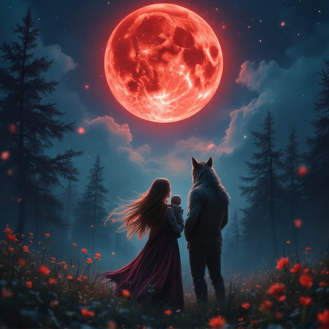 A moonlit scene where the blood moon casts an ethereal glow over a tranquil forest and meadow, setting the sky ablaze with hues of red and silver. The girl stands confidently at the boundary where the forest kisses the meadow, her long hair flowing gracefully in the windy night. The baby in her arms seems to be enveloped in a soft, protective light. Her partner, strong and supportive, holds her securely from behind, his head gently resting on her shoulder. Their wolf ears add an intriguing mystical element, hers subtly hidden within her hair, his more pronounced with an air of vigilance.