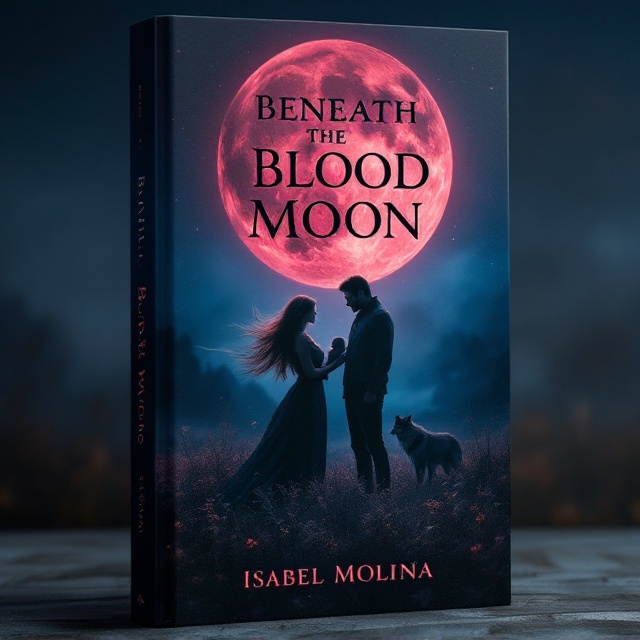 The cover features a serene and mystical meadow under a deep indigo sky, dominated by a large, haunting blood moon. In the foreground, a woman with flowing hair holds her baby protectively in her arms. Her partner stands beside her, encircling her shoulders with tenderness, his eyes cast affectionately upon the infant. Beside the couple, a loyal wolf stands with powerful grace, its eyes reflecting the moonlight. The entire scene exudes a sense of unity and strength amidst a haunting landscape.