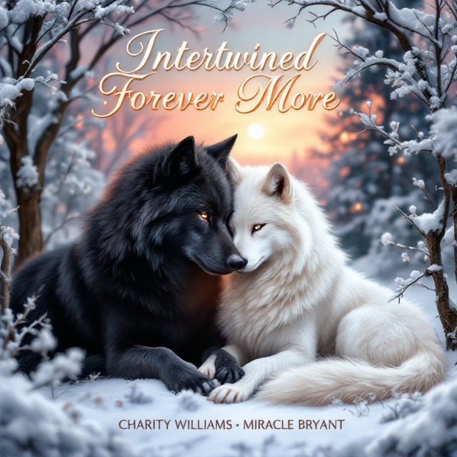 Two wolves—one a strong black male wolf, and the other a delicate white/grey female wolf with a hint of albinism—are nestled together in a snowy arctic or North American forest scene. Their bodies are interwoven, symbolizing closeness and unity. The backdrop features a serene sky transitioning between soft pink and golden hues, reminiscent of dawn or dusk, adding an aura of romance and passion. Snow-covered trees arc around the wolves, forming a protective frame. The setting moon gleams in the corner, casting a soft glow, complementing the intimate tone.