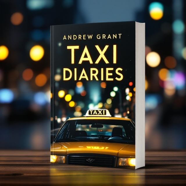 A striking night-time scene with a yellow cab prominently in the foreground, its headlights casting a soft glow. The cab is slightly angled, facing towards the viewer, with the taxi vacant light and the rooftop taxi sign luminous against the darkness. The city in the background is blurred, composed of hazy lights and indistinct skyscraper silhouettes, enhancing the focus on the taxi.