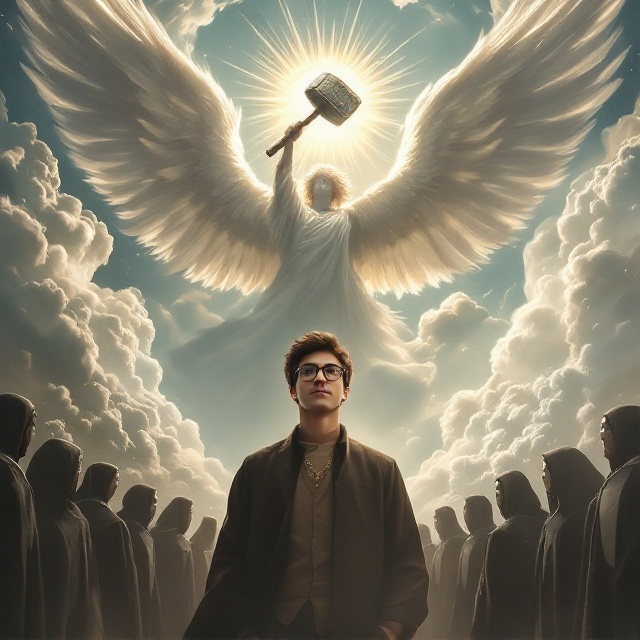 A dynamic scene with a young man standing confidently in the center, wearing glasses, depicted with an expression of determination. The sky forms the backdrop, filled with swirling clouds and a radiant sun, casting a mystical glow. An angel with large, ethereal wings is shown in the sky, wielding a large, ornate hammer poised above the man's head. Surrounding the young man are several figures in black and white robes, positioned in a semi-circle, appearing as if they are part of an audience or jury watching the scene unfold. Elements of time, like vintage clock gears and watch faces, subtly integrated into the clouds.