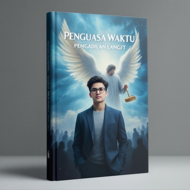 A young man with glasses, standing confidently in the foreground, occupies the central focus. To his right, an angel with majestic wings holds a gleaming hammer, mid-swing, signifying authority and judgment. Behind them, the sky is a swirl of ethereal blues and blacks, with streaks of light to illustrate divinity. Subtly in the background, figures robed in black and white appear, representing a gathering of celestial jurors.