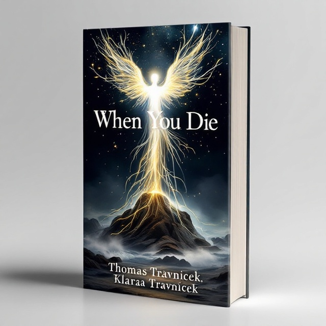 A somber, moody landscape fills the bottom third of the cover, depicting a misty shoreline with waves crashing against jagged rocks. Rising from the shoreline is a glowing, ethereal angel figure who appears to be ascending into a dark, starry sky. The angel has wings made of vibrant streams of water and glowing threads of magic interweaving. Above the angel, glimmers of light pierce through the darkness, creating a contrast and symbolizing the journey from life to the unknown.