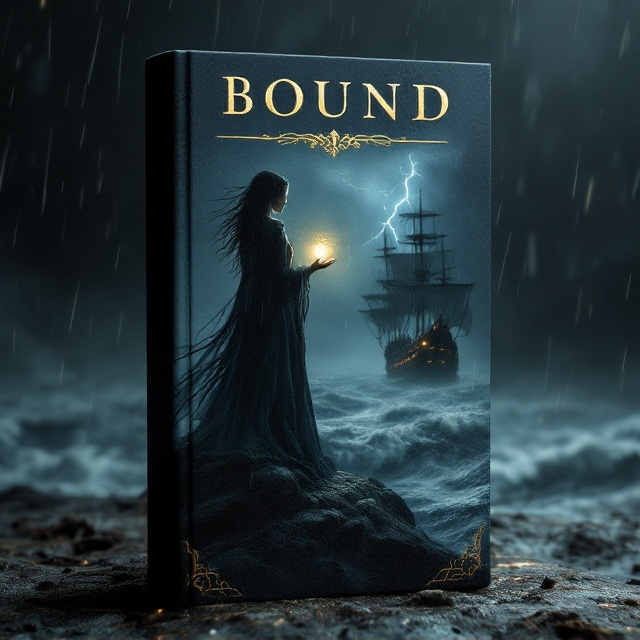The cover depicts a silhouetted woman standing atop a rugged hill, her long, drenched cloak flowing in the heavy rain. In her right hand, she holds a glowing amulet emitting a soft, eerie light that contrasts against the dark and stormy surroundings. Her face is partially turned, giving her an air of mystery. In the background, amidst the roiling waves of the ocean, a faint but ominous pirate ship with tattered sails looms, shrouded in mist. The overall color palette consists of dark blues, greys, and silvers, with glowing elements of pale gold emanating solely from the amulet. Rain streaks and lightning strikes are tastefully added to enhance the dark, foreboding atmosphere.