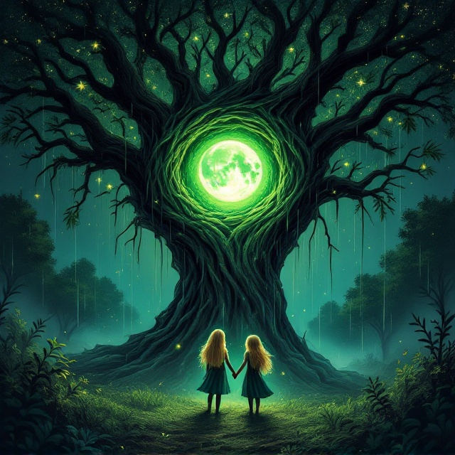 A dark and mysterious starry night sky as the background, set in contrast with a dense, foggy forest at the bottom. At the center of the cover, a large, ancient tree with knotted branches and gnarled roots dominates the scene. The tree has a glowing green hollow in the center, shaped like a portal, with a bright full moon visible within the hollow. Two young girls, both blonde, stand side by side at the base of the tree—one with flowing straight hair, the other with wild curls. They are holding hands, staring at the tree with mixed expressions of bravery and fear. Rain cascades down diagonally, adding drama, and small glimmers of stars peek through the fog.