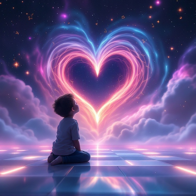 A surreal cosmic landscape featuring a young child gazing up at a vibrant nebula in the shape of an embracing heart. The nebula is made of soft swirling lights in shades of pink, purple, and blue, blending into the dark starry sky. Subtle golden constellations form abstract symbols resembling neural pathways. The ground is a smooth surface of glowing translucent tiles resembling a chessboard that merges with the cosmic scene.
