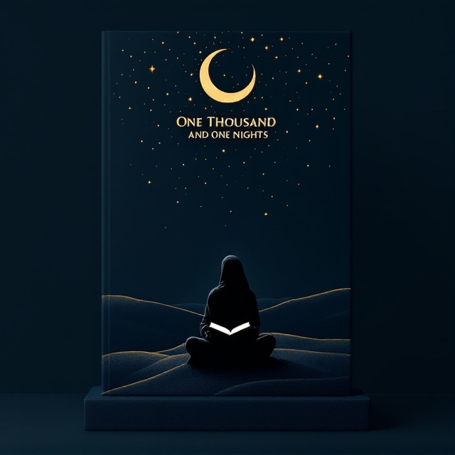 A bold, minimalist silhouette of a seated storyteller (Scheherazade) depicted cross-legged with an open book in her hands, placed at the bottom center of the cover. Behind her is a subtle outline of desert dunes flowing horizontally across the bottom third. A crescent moon and scattered sparkling stars are overhead, forming an enchanting halo over the top third of the cover. The negative space is vast, filled with a dark navy background. Gold highlights are used selectively for the moon, stars, and book edges, creating an air of mystery and magic.