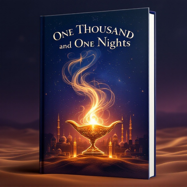 The cover features a centered, glowing magic lamp radiating golden light. Wisps of smoke swirl upward from the lamp, forming intricate shapes, including a faint silhouette of a genie, an ornate Arabian palace, and desert dunes in the background. The backdrop is a gradient of deep midnight blue transitioning to a rich purple at the edges, adorned with subtle starry constellations. The palace domes and minarets glimmer with gold accents.
