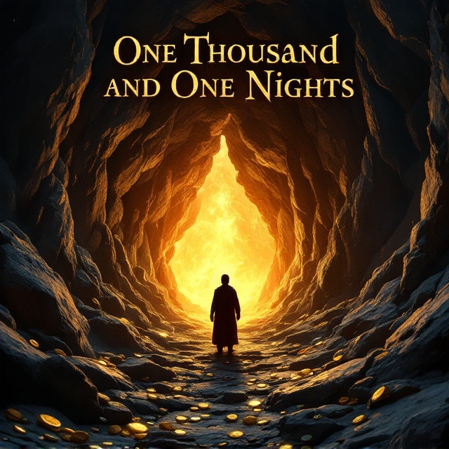 A dramatic, suspenseful scene with a massive cave entrance framed by jagged, dark boulders dominating the foreground. The cave glows from within, casting a radiant golden light that spills out onto the rocky ground, littered with faint outlines of coins and precious gems. At the cave entrance, a silhouette of Ali Baba peers cautiously in, shrouded in shadow to maintain mystery. Faint outlines of the forty thieves are faintly discernible in the dark, lurking in the background, adding an air of danger. The dark exterior contrasts sharply with the illuminated treasure within, creating a striking contrast.