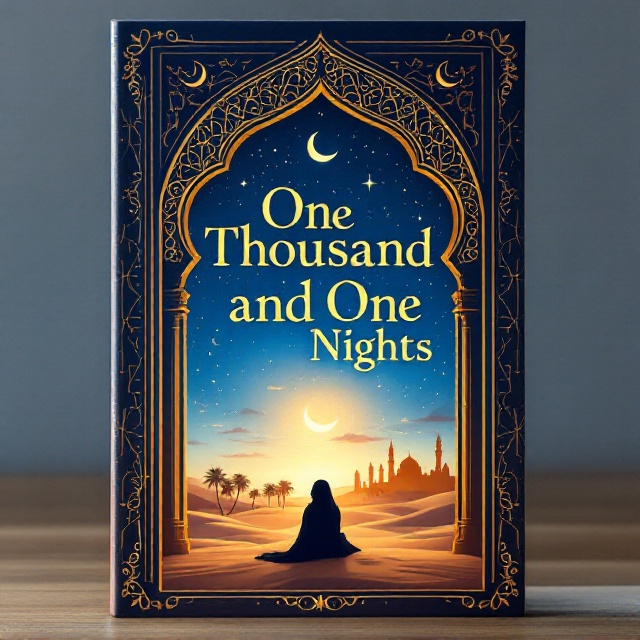The cover features an intricately detailed Arabian-style archway at the center, framing a tranquil desert horizon that stretches into a starry night sky. Silhouettes of minarets with crescent moons and palm trees stand against the glowing blue-and-gold gradient of the dusk. The crescent moon is slightly off-center, surrounded by sparkling stars scattered across the sky. In the foreground inside the archway, the silhouette of Scheherazade with an exaggerated, flowing shape is depicted, sitting as if sharing her stories, her outline blending into the sands. Ornamental patterns adorn the archway, emphasizing its exotic, magical setting.