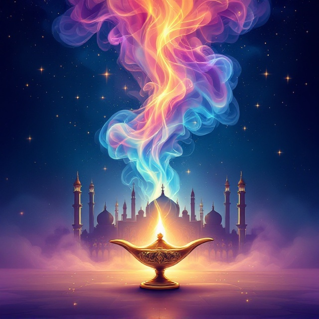 The focal point is a shimmering golden magic lamp placed in the lower center of the cover. Vibrant, colorful smoke in hues of purple, blue, and gold swirls upward in intricate, arabesque patterns, creating a sense of movement and magic. Within the smoke, a faint silhouette of a towering, ethereal genie is subtly visible, blending into the dreamy, smokey design. In the background, a mystical Arabian palace with pointed domes and arches emerges as a silhouette, softly illuminated in gold and blue, just enough to set the tone without overpowering the main elements. Stars scatter across the midnight blue sky, enhancing the magical and mysterious ambiance.
