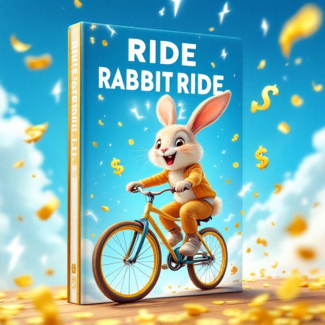 A cheerful, animated illustration showing a playful rabbit riding a bright, shiny bicycle while dollar signs float enthusiastically around. The sky is vibrant blue with lightning bolt confetti streaming down in various colors, creating a dynamic and electric energy. In the background, a faint yet noticeable white stock market chart with upward trends adds a subtle layer of financial success imagery. The rabbit is dressed in a sporty yet fun outfit, emphasizing movement and excitement.