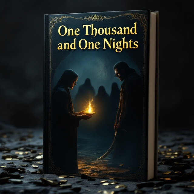 The cover features a dark cave setting as the backdrop, with a shadowy, suspenseful atmosphere. Ali Baba is depicted on the left side, illuminated by a faint golden glow emanating from a magical lamp he holds in one hand. His posture is determined, his expression resolute. Opposite him on the right, the leader of the thieves looms larger, his face fierce and sharp, with a menacing curved sword in hand. Silhouettes of other thieves are seen lurking in various positions in the dim background, adding depth and tension. The edges of the cover fade into black, emphasizing the intense face-off in the center.