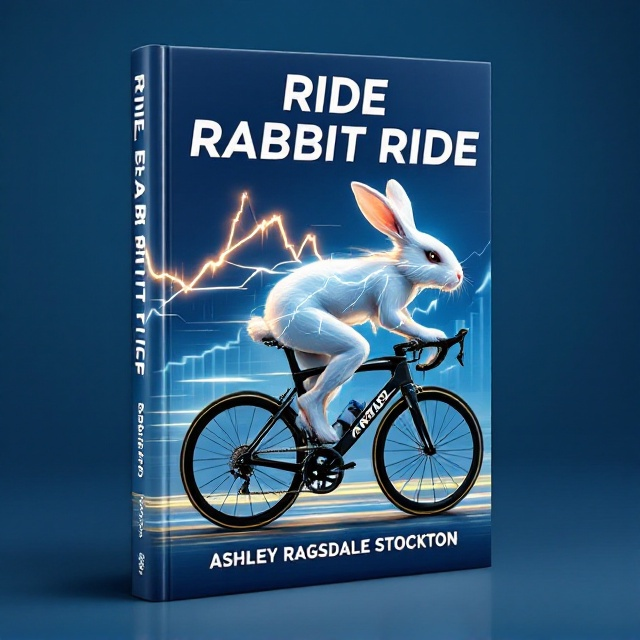 A dynamic scene that features a sleek white rabbit with a lightning bolt etched along the side of its fur. The rabbit is riding a modern road bike angled slightly upward as if racing forward. Blue dominates the background, with subtle gradients to convey depth. A stock market chart zigzags across the background in light gray, dotted with golden dollar signs at key points. A glowing lightning strike cascades from the top corner to the lower part of the cover, pointing toward the rabbit.