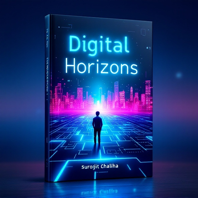 A vibrant, futuristic digital skyline with glowing neon lines and grids representing interconnected data streams. The background uses a gradient transition from deep blue to electric teal. Small, subtle icons of computer hardware and software elements overlay the scene in translucent detail. A figure on the horizon looking at the skyline conveys a sense of discovery and learning.