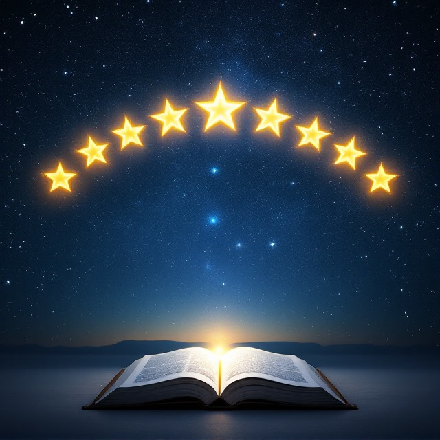 A serene backdrop of a vast, starlit night sky embodies the boundless greatness of God. Superimposed is a soft, glowing image of an open book, symbolizing knowledge and truth, positioned at the bottom center. Across the sky, seven radiant stars form an arc, representing the seven things to know, casting subtle light above the book. A horizon line creates a sense of reality and transformation, stretching across the middle.