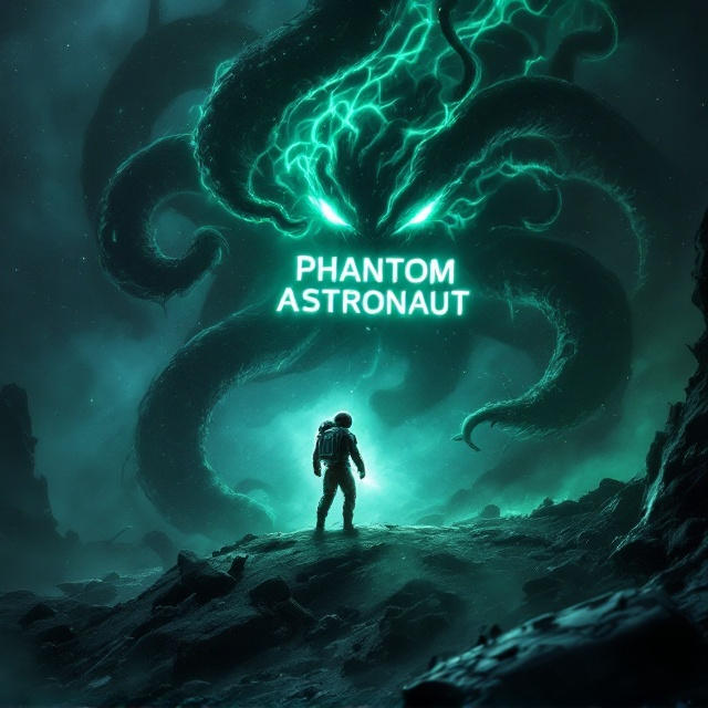 The cover depicts an ominous scene of an astronaut floating in the shadowy void of space, illuminated only by the eerie green glow emanating from a monstrous eldritch being. The creature's tendrils twist and curl towards the astronaut, who wields a small, futuristic plasma blade. The background showcases distant stars, a decaying space shuttle, and fragments of debris to enhance the sense of isolation and doom. Shadows dominate the cover, with sharp contrasting light reflected on the astronaut's metallic suit. A faint foggy effect surrounds the eldritch being, amplifying the lurking menace.