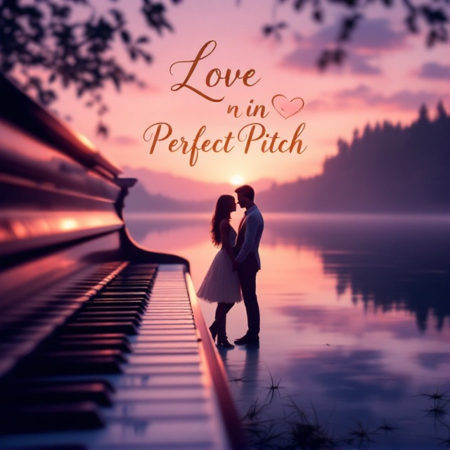 A serene and romantic evening setting at a grand piano by a lakeside. The piano keys are subtly shaped like a heart, with a silhouette of a couple reflected on the calm water. A soft gradient of pink and purple hues fills the sky, suggesting a sunset.