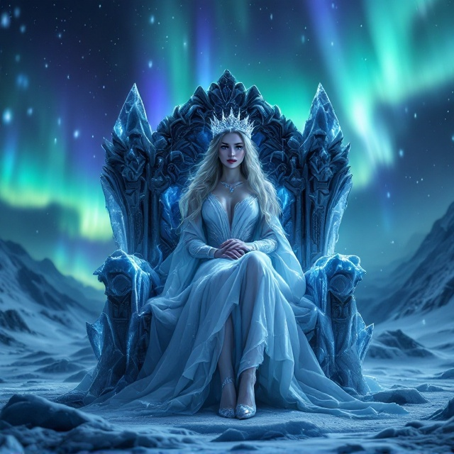 A regal female figure stands on a frozen, icy throne in a winsome pose, symbolizing strength and power. She wears an intricate crown styled with icy elements, eyes glowing faintly. Above the throne, sweeping northern lights illuminate the dark sky in shades of emerald green, purple, and turquoise, casting an ethereal glow. The foreground features jagged ice shards reflecting the aurora, while snow gently falls to create a romantic and surreal atmosphere. A faint silhouette of a romantic partner gazes toward her from afar, suggesting unity and tenderness.