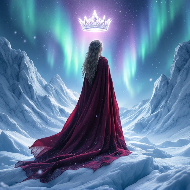 The cover showcases a majestic queen figure standing on an icy throne-shaped glacier at the foreground. She gazes towards the ethereal northern lights sweeping across the night sky, casting shimmering hues of green, blue, and purple. Behind her, a symbolic crown floats mid-air with a glowing aura, emphasizing her strength and royalty. Snow gently falls around her in a dynamic but elegant motion, and her cloak of deep crimson billows in the icy wind, hinting at romance and power. Ice crystals and frost patterns decorate the edges of the cover, blending with the background.